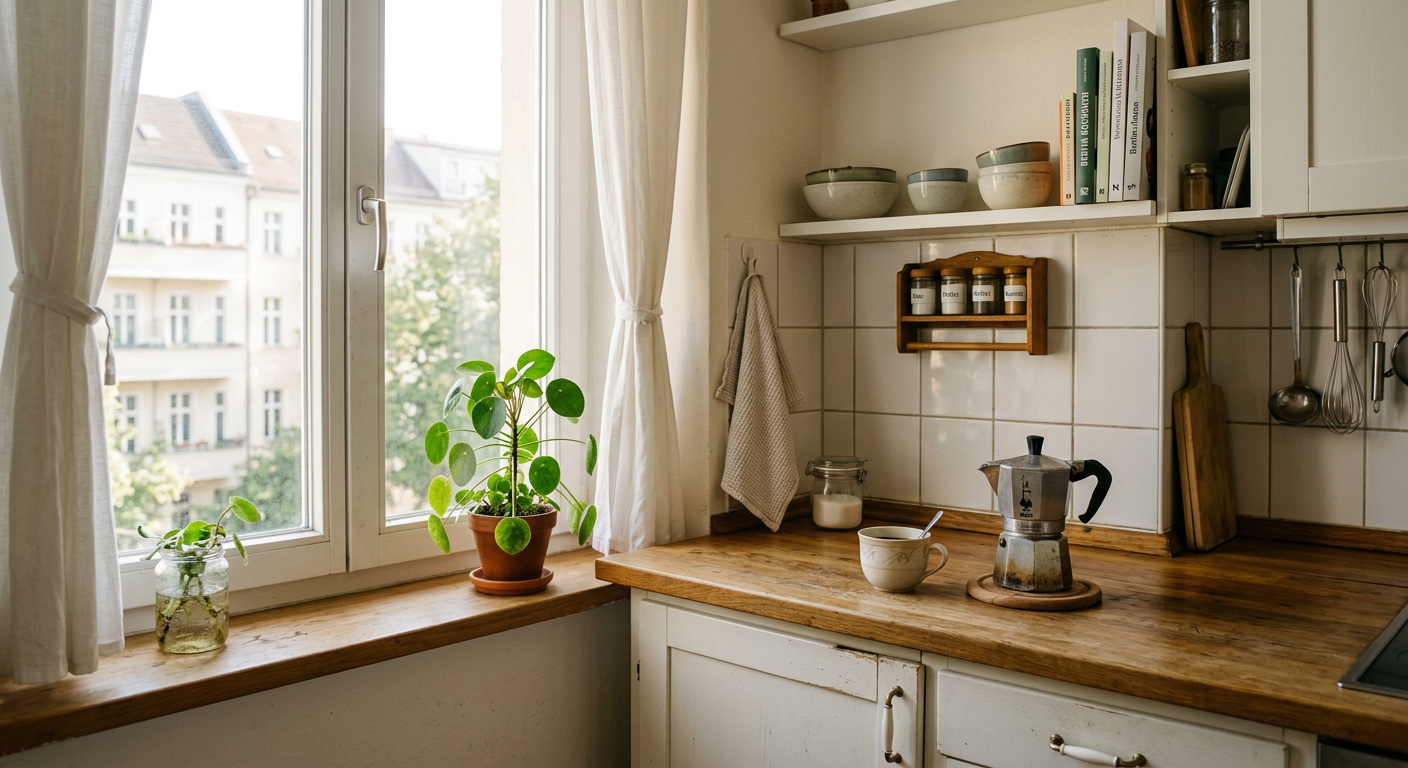 A warm Berlin kitchen corner with a wooden countertop, potted plants on the windowsill and a stovetop coffee pot